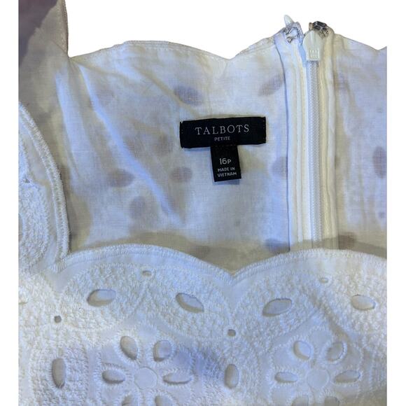 TALBOTS White Cotton Scalloped Lace Eyelet Sleeveless Dress Women's Petite 16P - Picture 2 of 5
